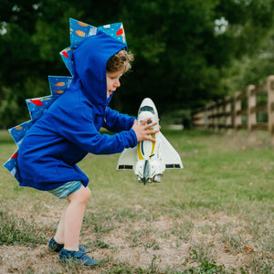 toddler blue dinosaur hoodie with rocket ship spikes STEM toy