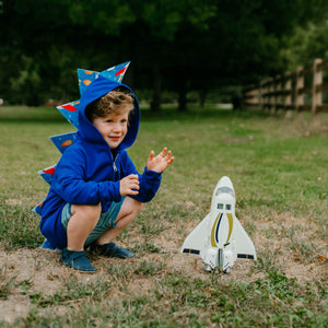 toddler blue dinosaur hoodie with rocket ship spikes STEM toy