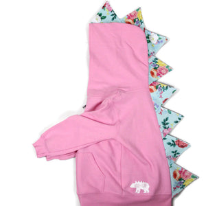 toddler pink dinosaur hoodie for girls with rose print spikes